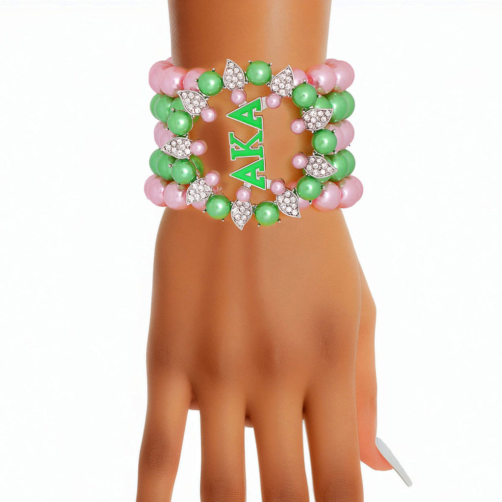 AKA Bracelet Pink Green Pearl Alpha Kappa Alpha  5 Strand