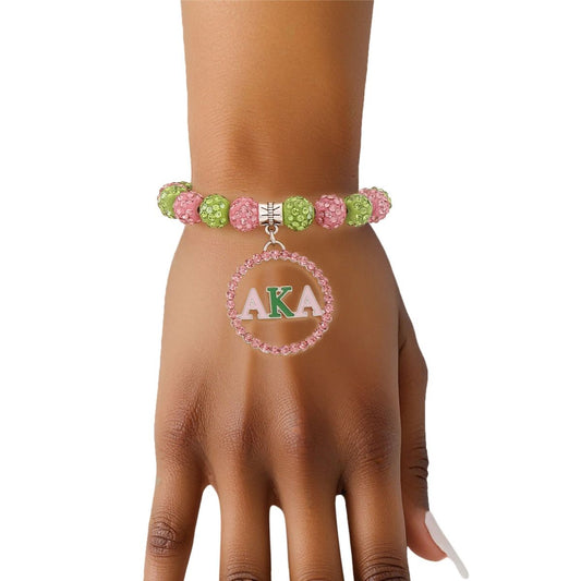 AKA Alpha Kappa Alpha Inspired Pink Green Round Charm Luster Bracelet