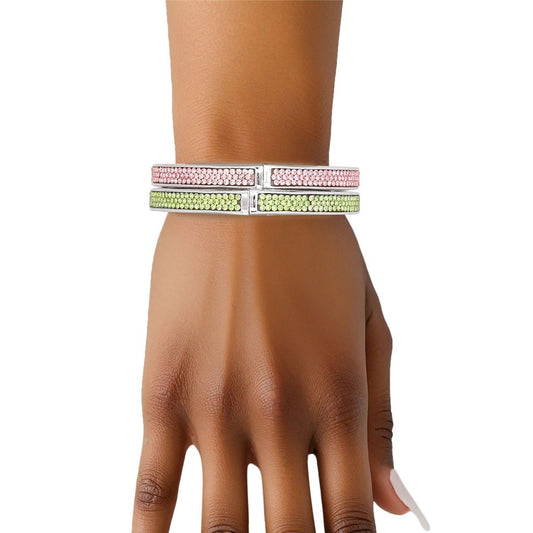 AKA Alpha Kappa Alpha Inspired Pink Green Pave Hinged Bangle Bracelet Set