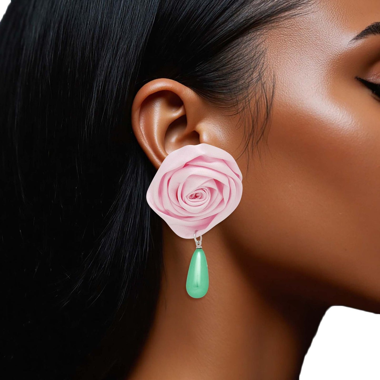 AKA Pink Rose Green Pearl Teardrop Stud Earrings