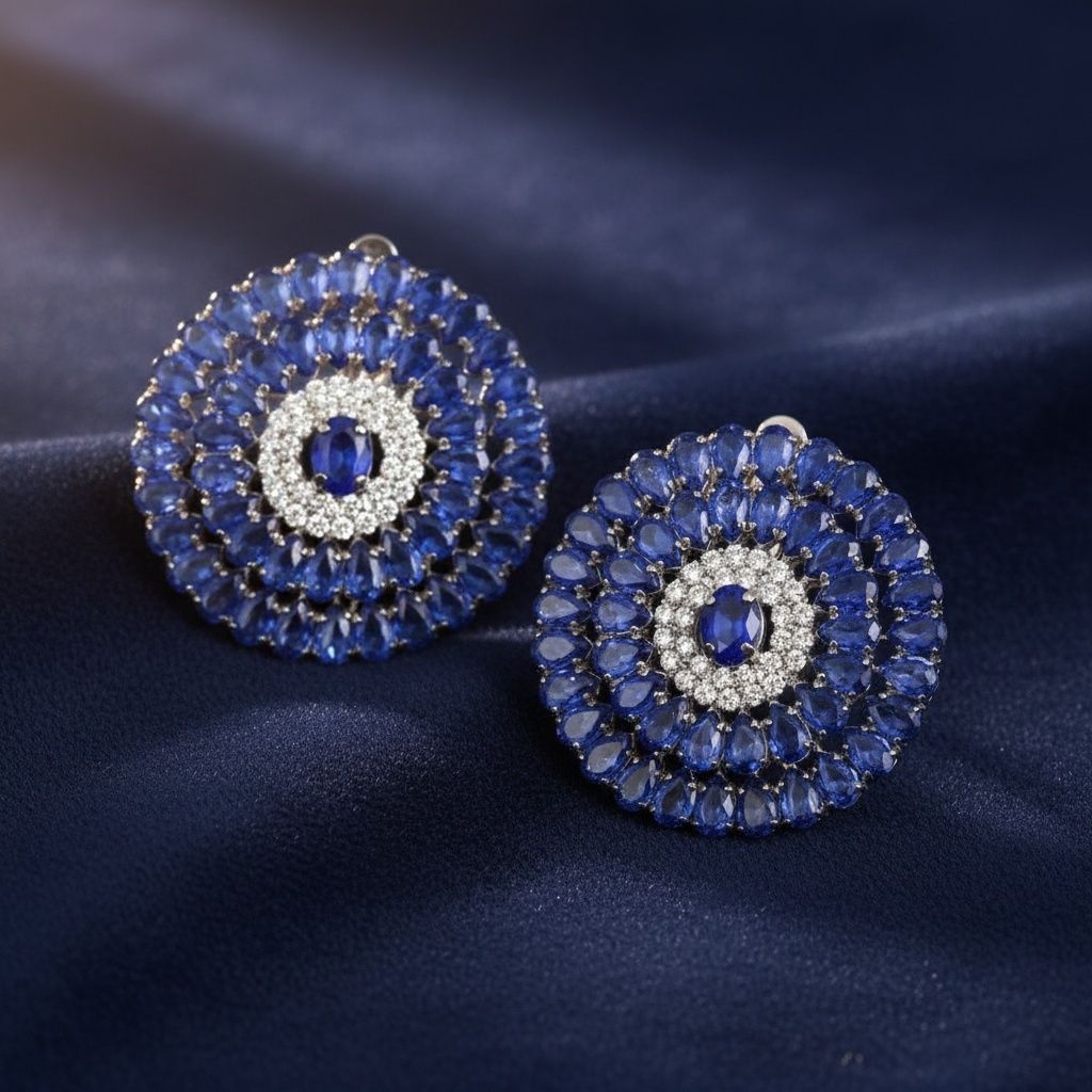 Clip On Blue Glass Teardrop Radiant Round Earrings