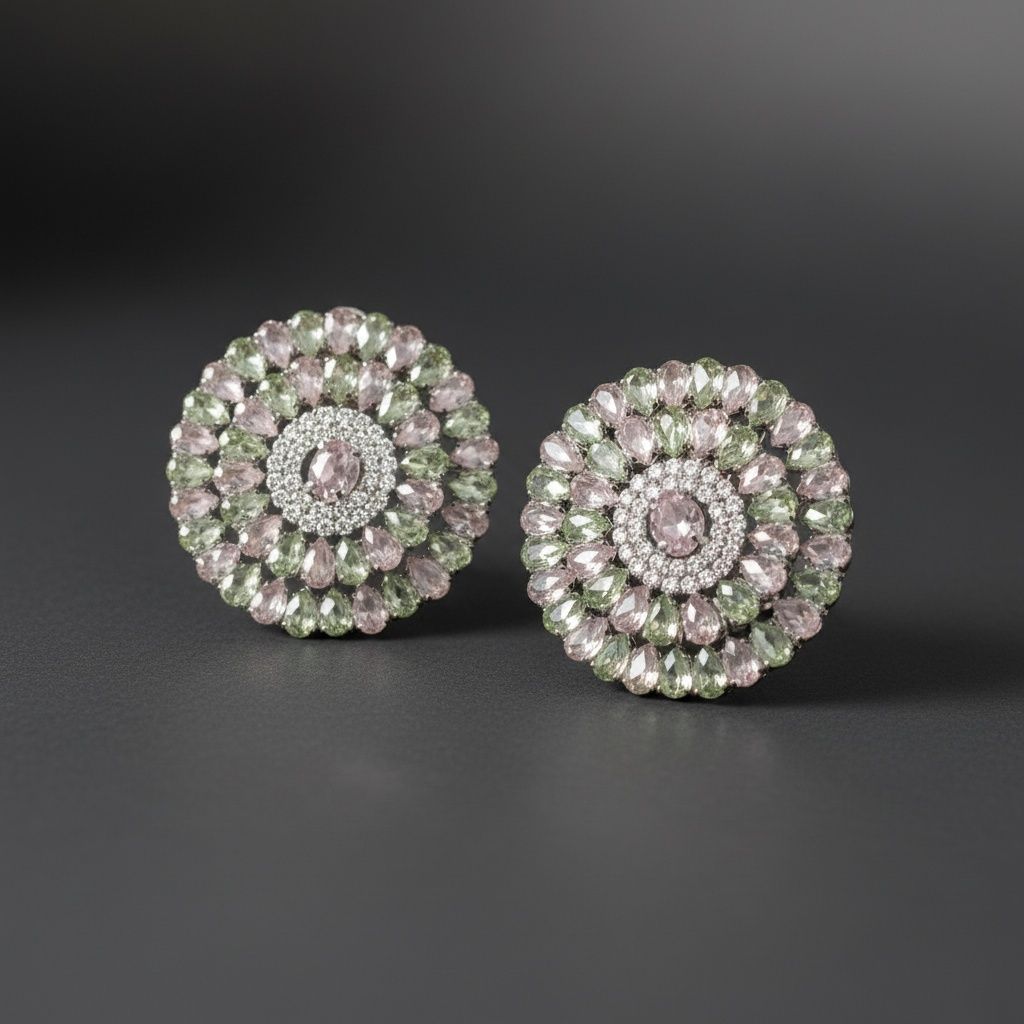 Clip On Pink Green Glass Teardrop Round Earrings