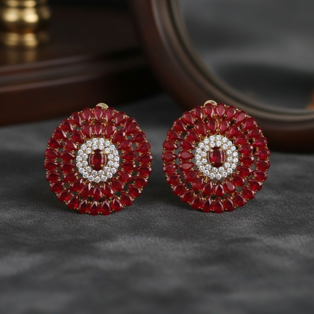 Clip On Red Glass Teardrop Radiant Round Earrings