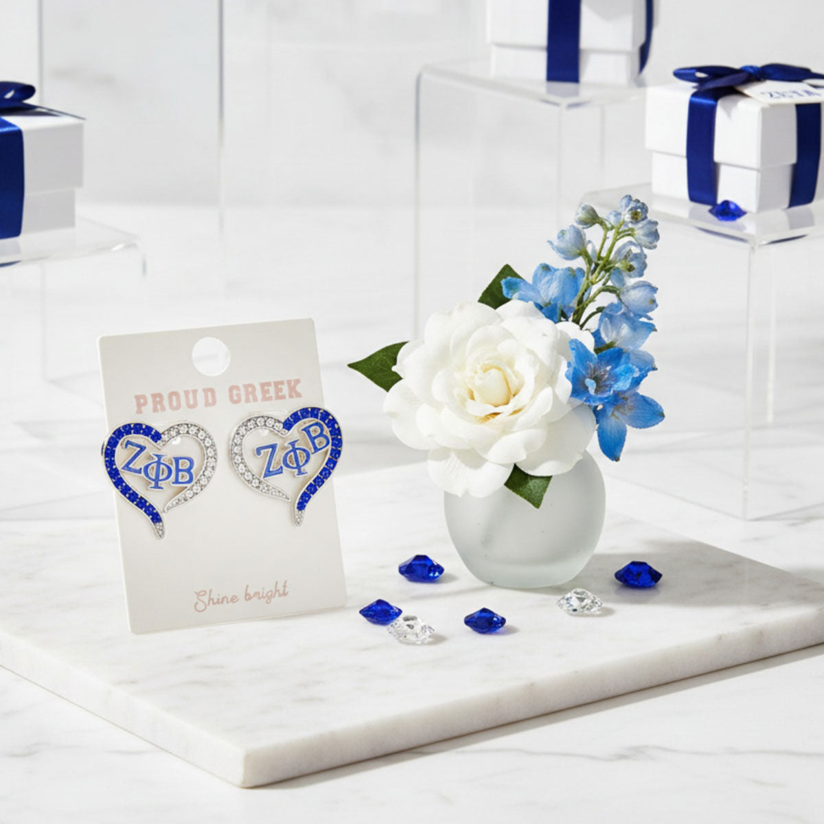 ZPB Sorority Heart Blue Clear Bling Stud Earrings