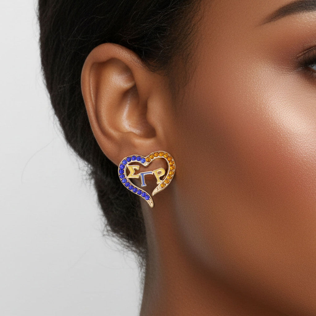 SGRHO Sorority Heart Blue Gold Bling Stud Earrings