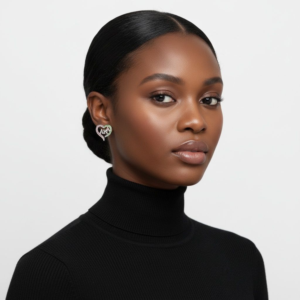 AKA Sorority Heart Pink Green Bling Stud Earrings