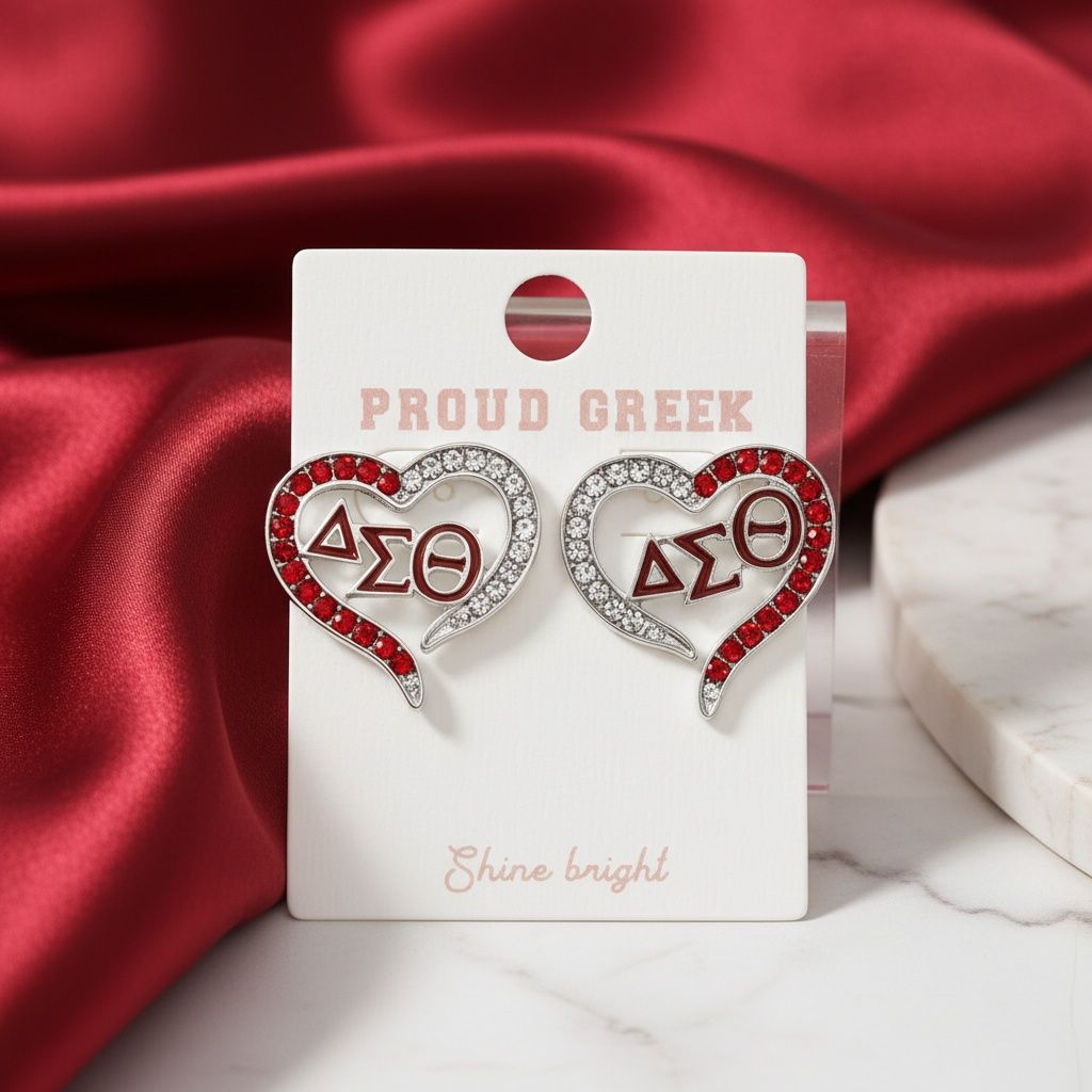 DST Sorority Heart Red Clear Bling Stud Earrings