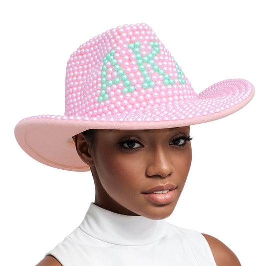 AKA Sorority Inspired Hat Western CowBoy Cowgirl Pink and Green Pearl Fedora Hat Women