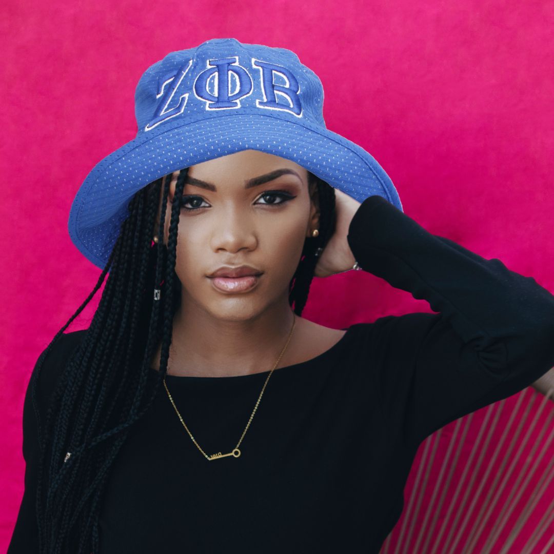 ZPB Sorority Bucket Hat Blue Mesh Embroidered Zeta Phi Beta Bucket Hat