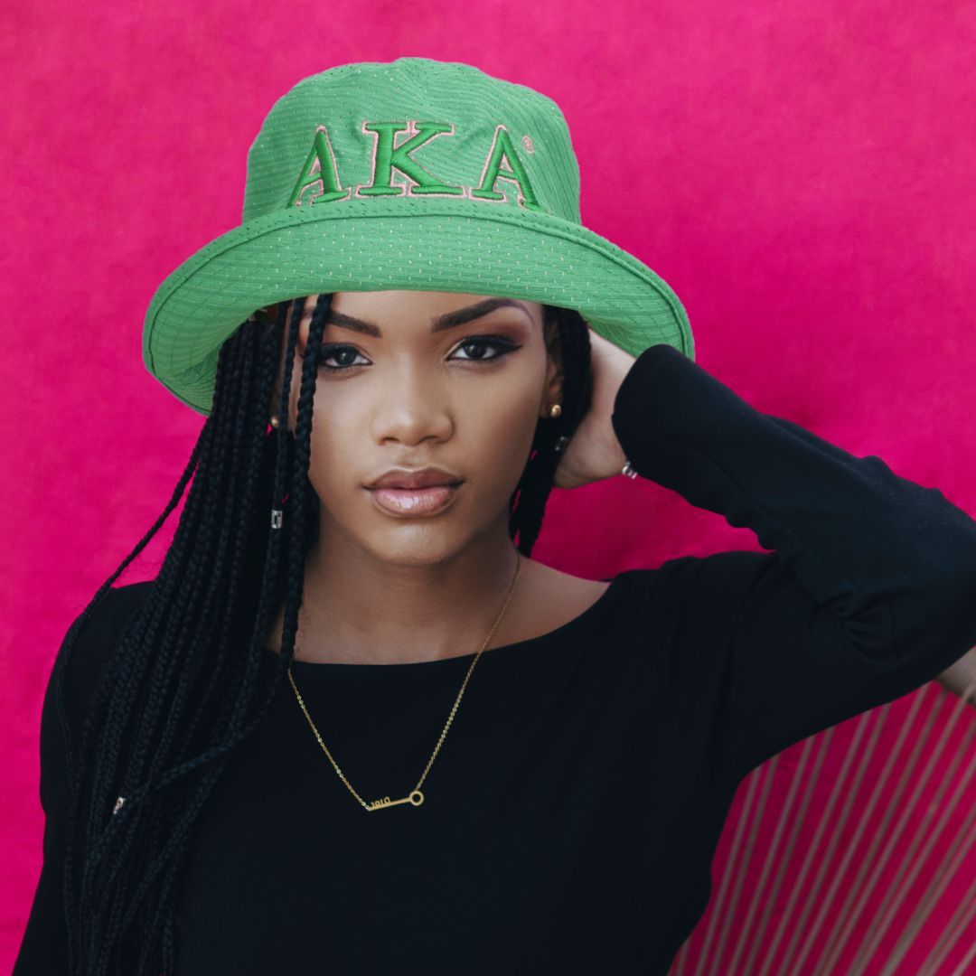 AKA Inspired Bucket Hat Sorority Green Mesh Embroidered Bucket Hat