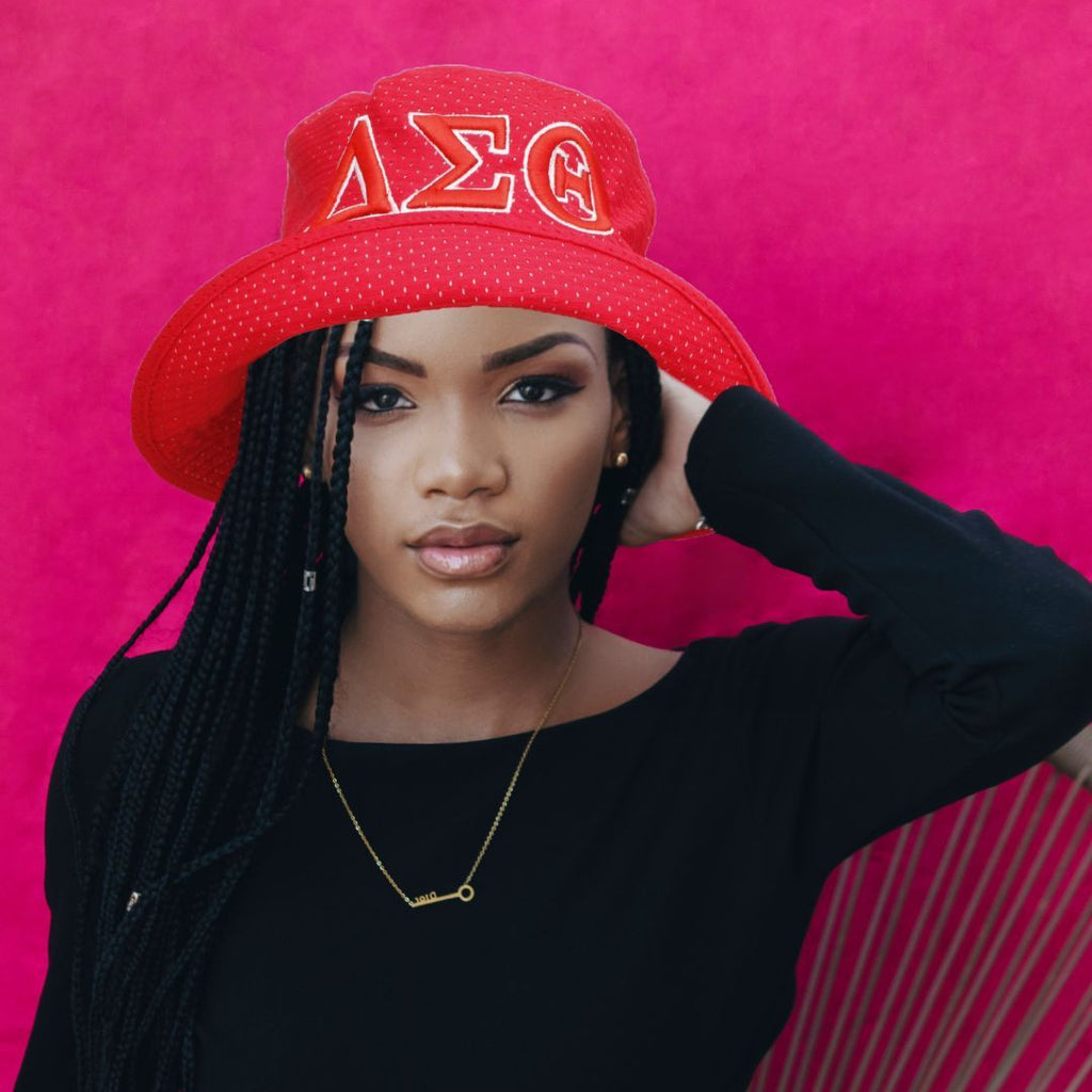DST Inspired Bucket Hat Sorority Red Mesh Embroidered Delta Sigma Theta Bucket Hat
