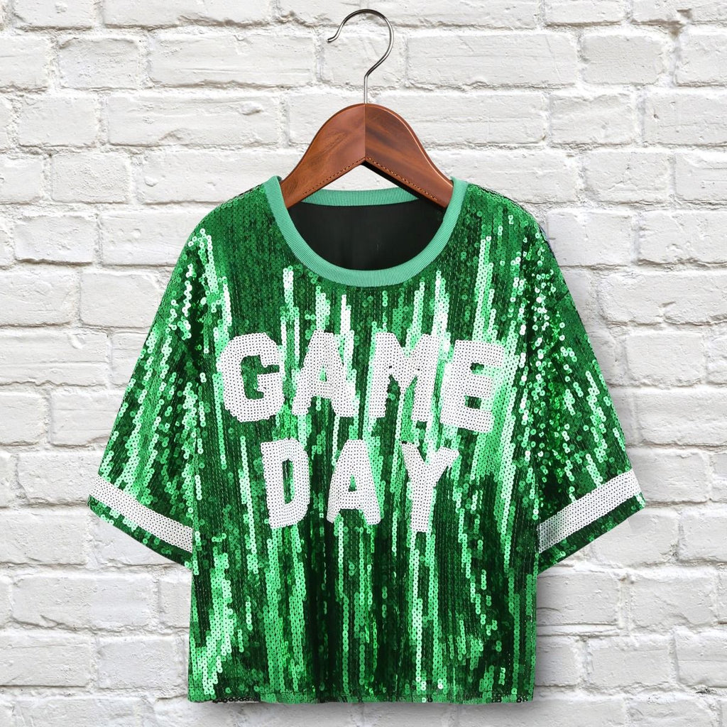 Jersey AKA Green White Sequin GAME DAY Crop Top