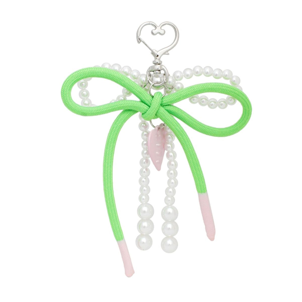 AKA White Pearl and Green Cord Bows Heart Bag Clip