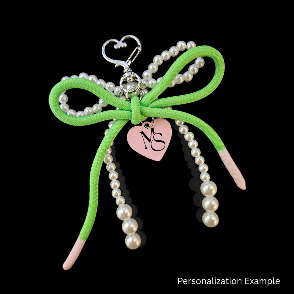 AKA White Pearl and Green Cord Bows Heart Bag Clip