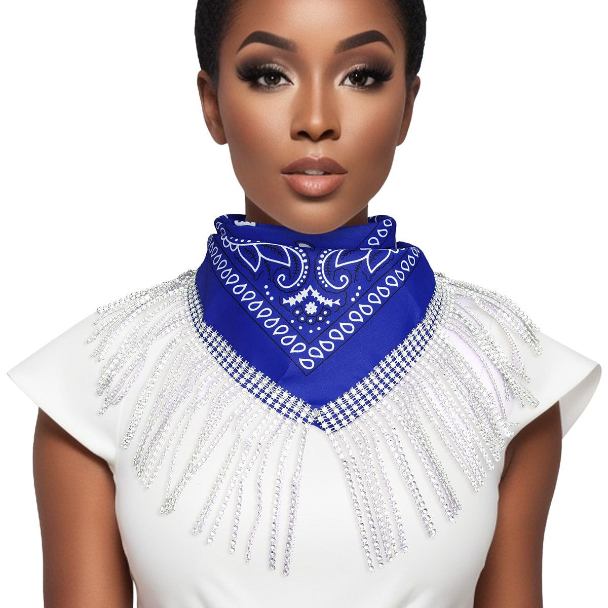 ZPB Blue and White Scarf Bandana Bling Fringe Necklace