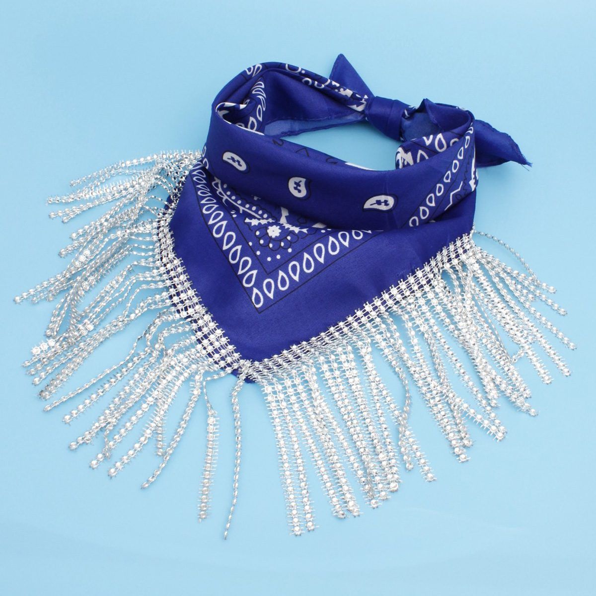 Scarf ZPB Blue and White Bandana Bling Fringe Necklace