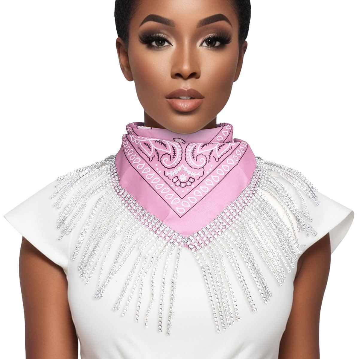 AKA Inspired Pink and White Scarf Bandana Bling Fringe Necklace