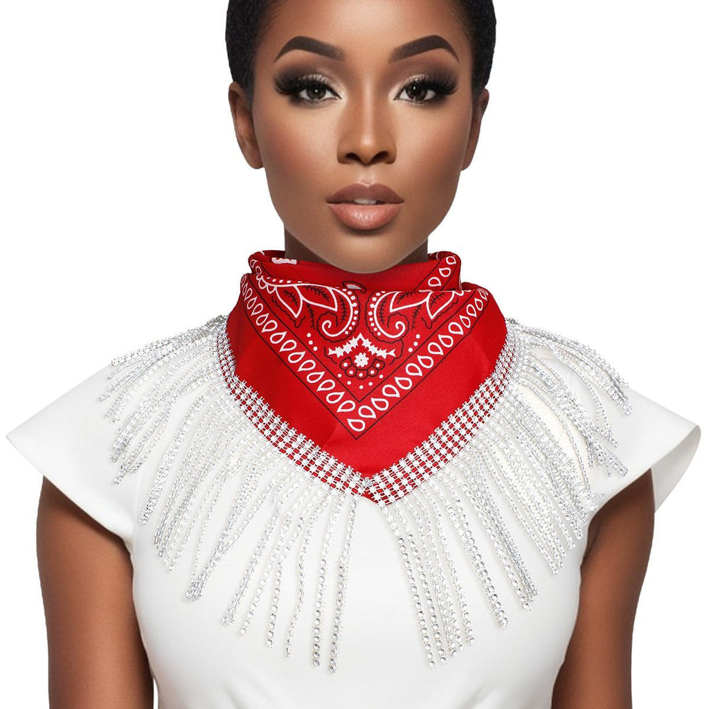 DST Inspired Scarf Red and White Bandana Bling Fringe Necklace