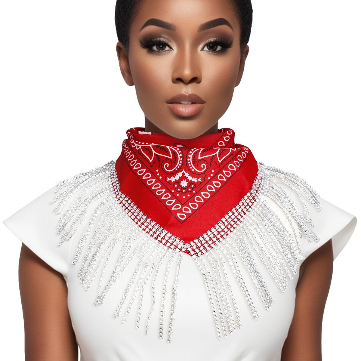 DST Inspired Scarf Red and White Bandana Bling Fringe Necklace