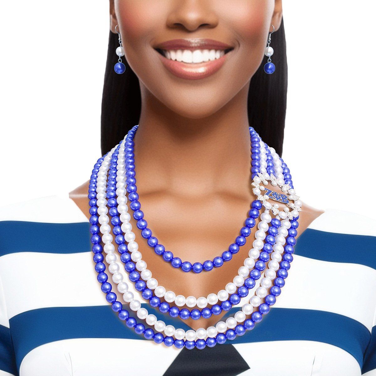Zeta Phi Beta Pearls Necklace Blue White Pearl ZPB Set for Women