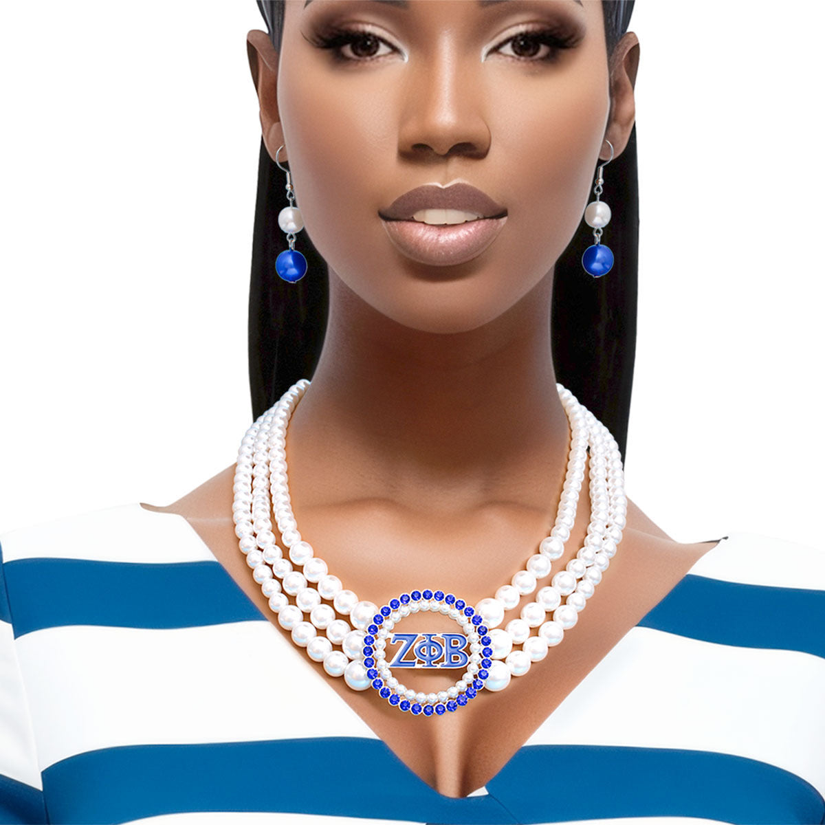 Zeta Phi Beta Inspired Pearl Necklace Blue White Zeta Set for Women