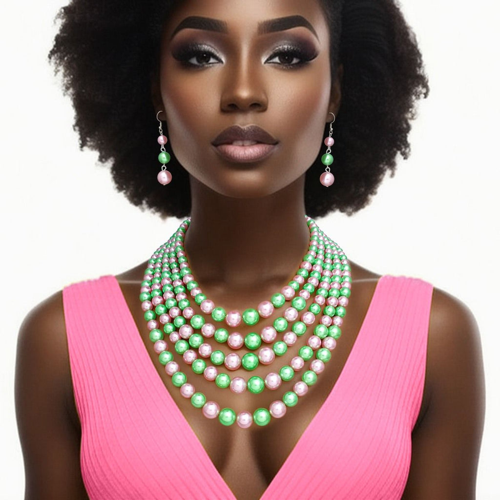 AKA Alpha Kappa Alpha Inspired Alternating Pink Green Pearl 5 Strand Necklace