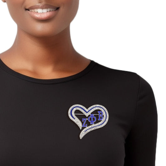 ZPB Zeta Phi Beta Sorority Heart Blue Bling Brooch for Women