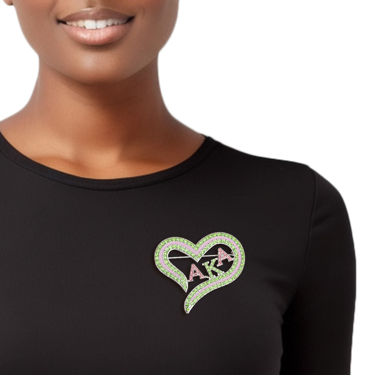 Alpha Kappa Alpha Pin AKA Sorority Heart Pink Green Bling Brooch Women