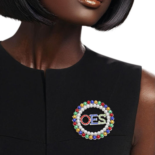 OES Sorority Inspired  Round Multicolor Pearl Brooch Pin - Eastern Star