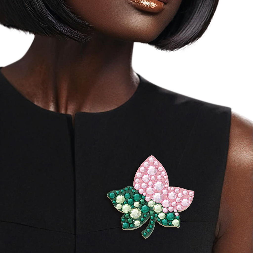 AKA Alpha Kappa Alpha Sorority Inspired Pink Green Ivy Leaf Wood Bling Brooch