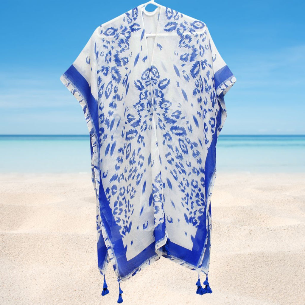 ZPB Kimono Sorority Blue White Leopard Structured Swimsuit Coverup