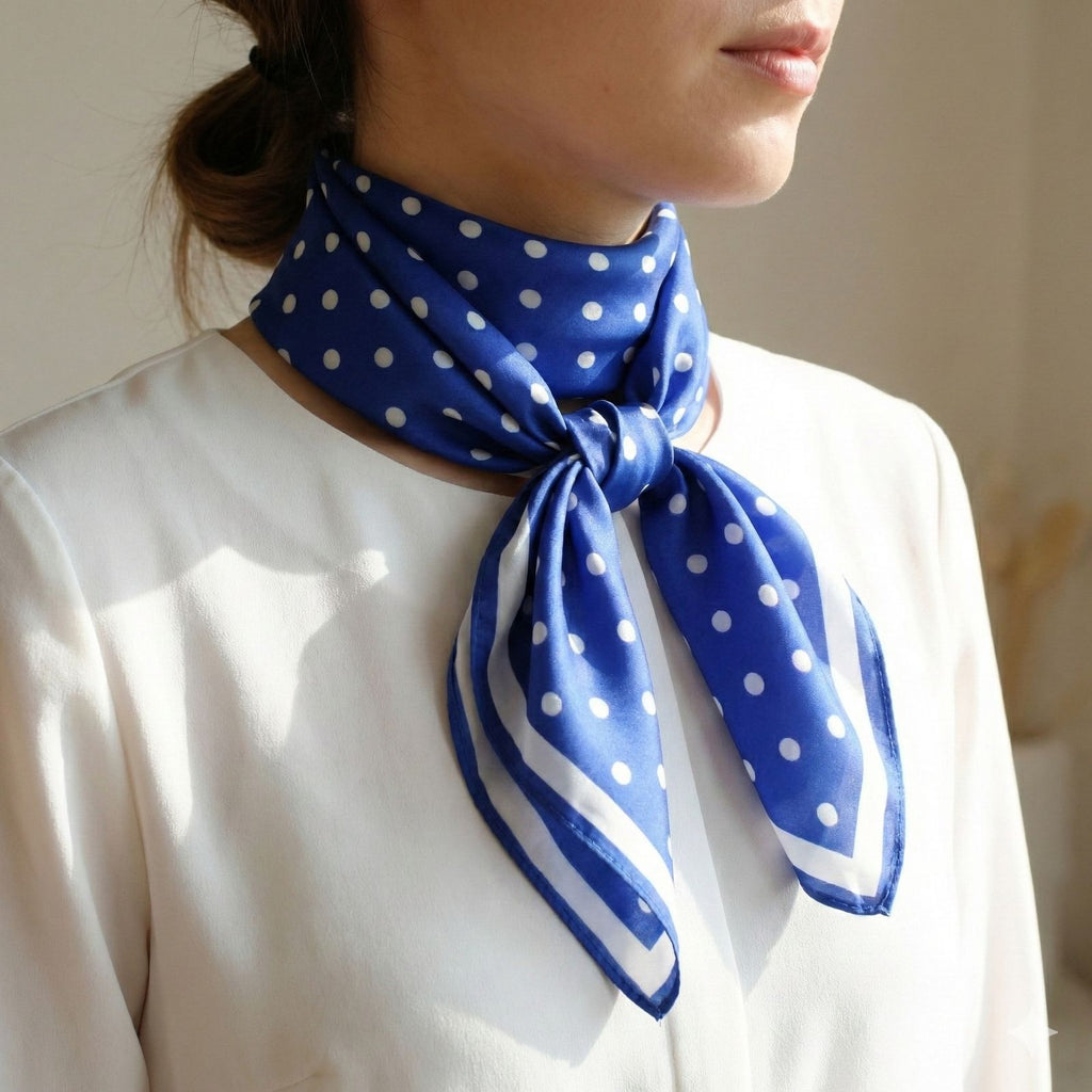 Blue and White Polka Dot Silky Square Scarf ZPB