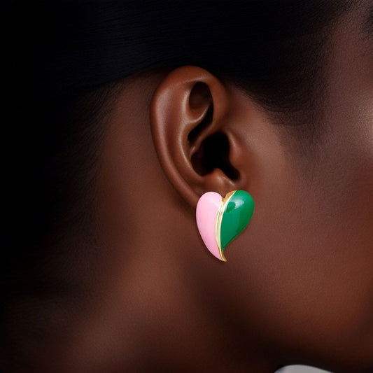 AKA Inspired Stud 14K Gold Pink Green Heart Earrings for Women