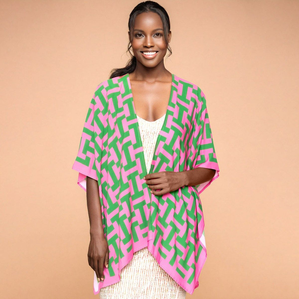 AKA Sorority Inspired Kimono Pink Green Geometric Viscose Kimono AKA Clothes