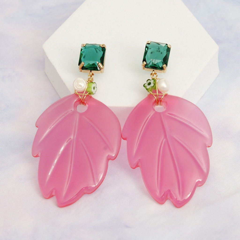 AKA Inspired Earrings Pink and Green Tropical Leaf Drop Earrings