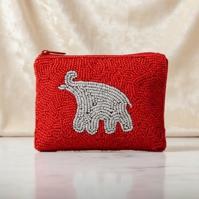 Red and Silver Beaded Elephant Zipper Pouch Bag