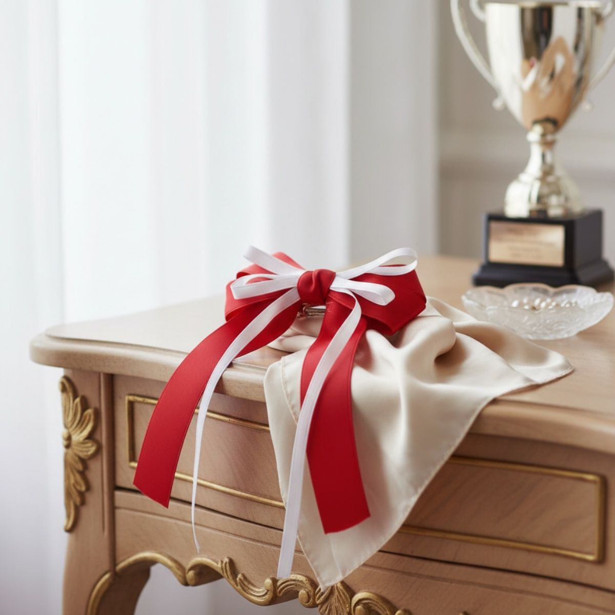 DST Merch Red White Ribbon Hair Bow Clip