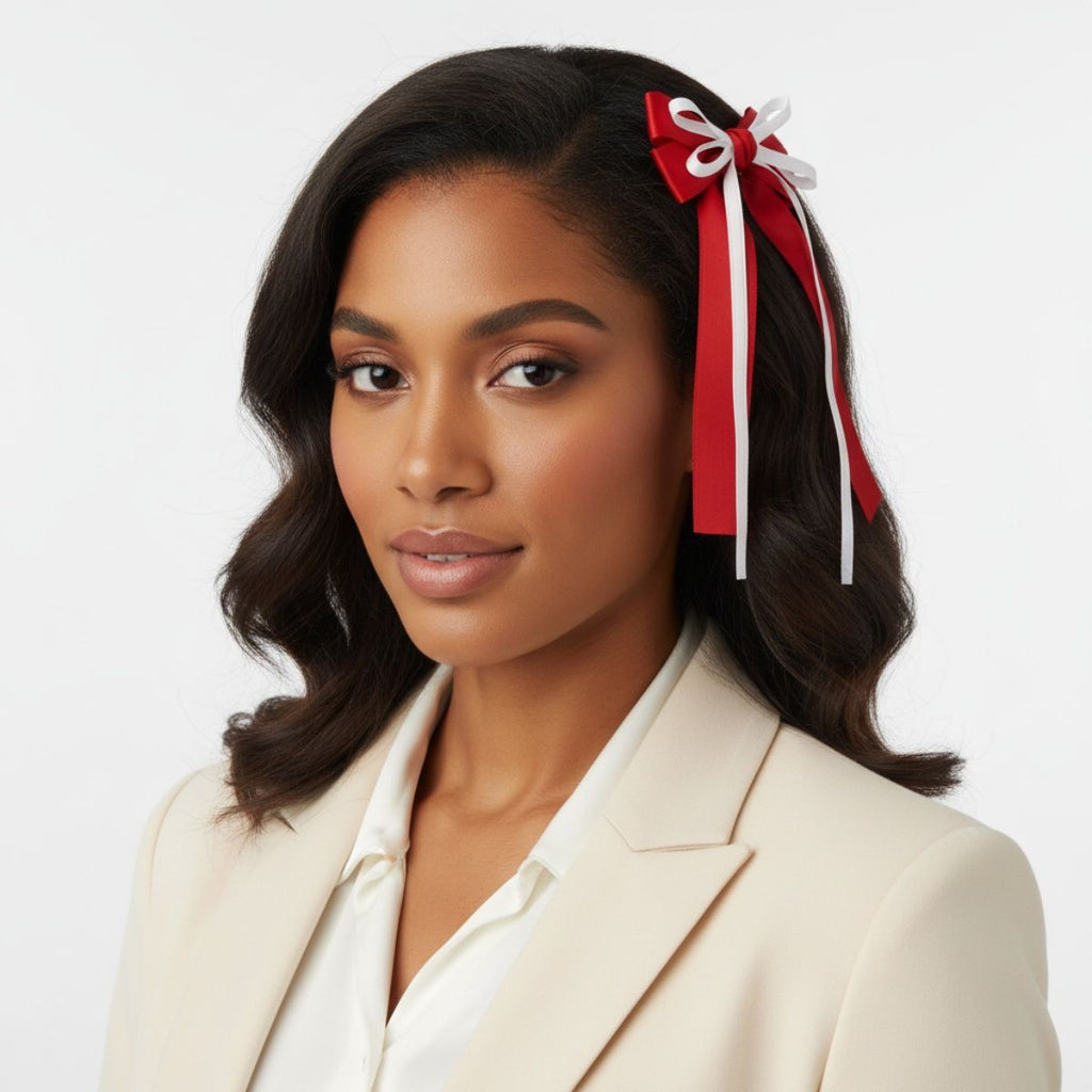 DST Merch Red White Ribbon Hair Bow Clip